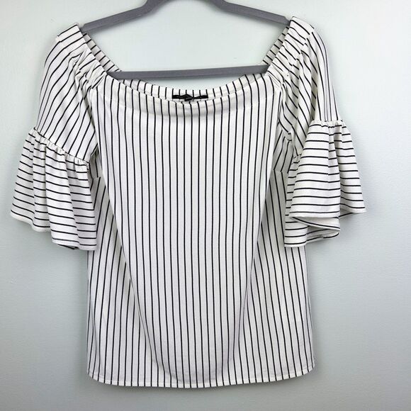 Banana Republic Off the Shoulder Bell Flare Slv Pin Stripe Blouse Black White S - Picture 2 of 11